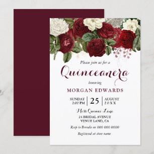Burgundy Red White Roses Quinceanera Einladung