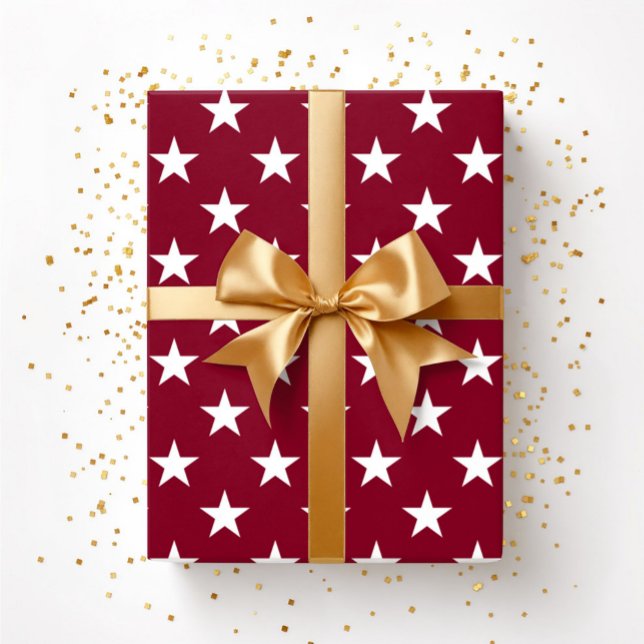 Burgundy Red White Stars Weihnachten Geschenkpapier (Burgundy Red White Stars Christmas Wrapping Paper)