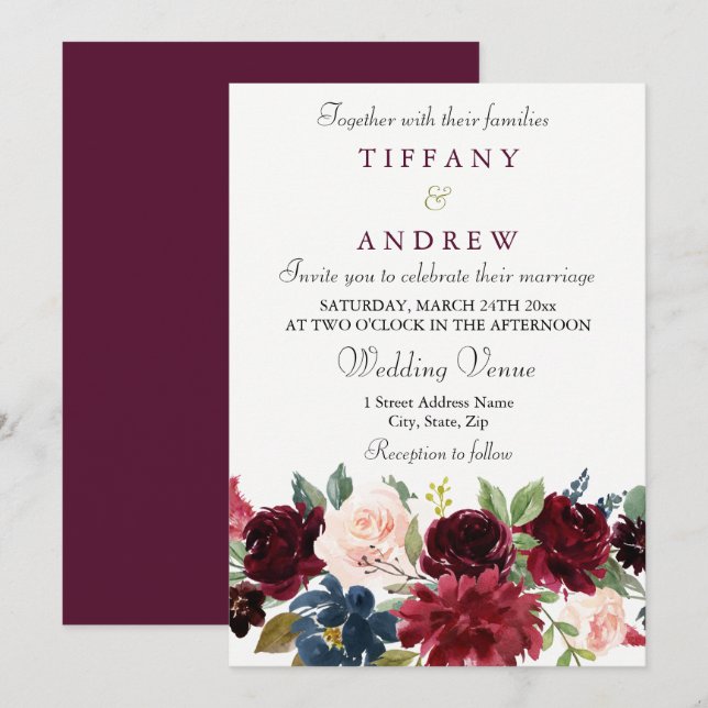 Burgundy Red Wine Blume Elegante Hochzeit Einladun Einladung (Vorne/Hinten)