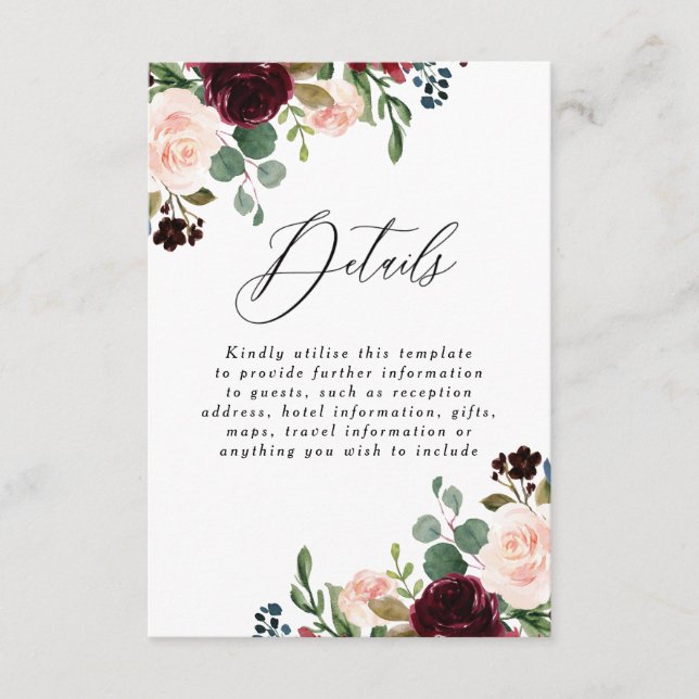 Burgundy Red Wine Blush Wedding Details Empfang Begleitkarte (Vorderseite)