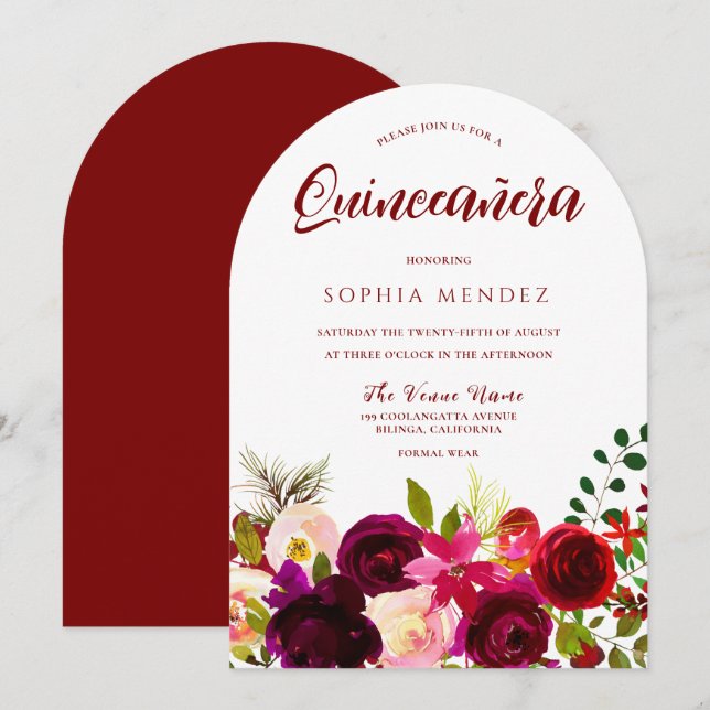 Burgundy Red Wine Boho Floral Quinceanera Einladung (Vorne/Hinten)