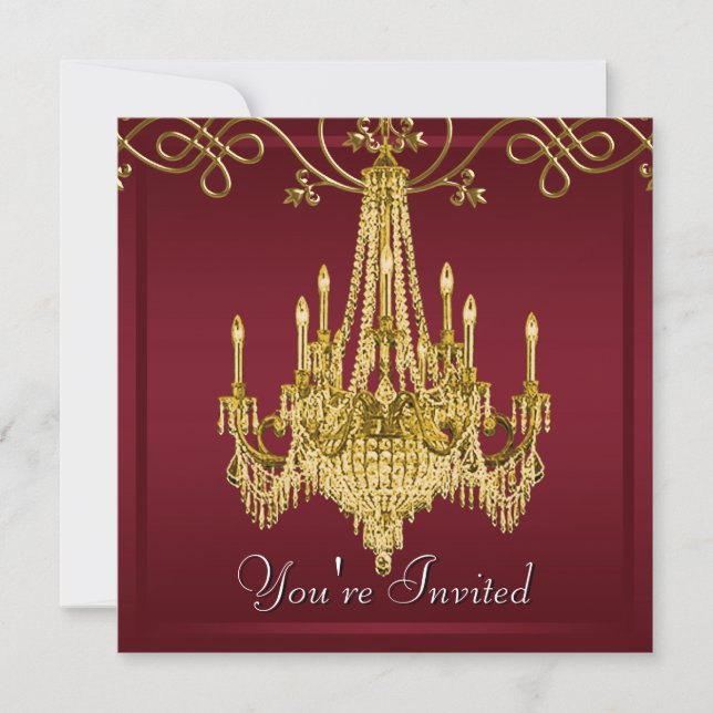 Burgundy Red Wine Gold Chandelier Party Einladung (Vorderseite)