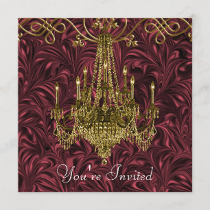 Burgundy Red Wine Gold Chandelier Party Einladung