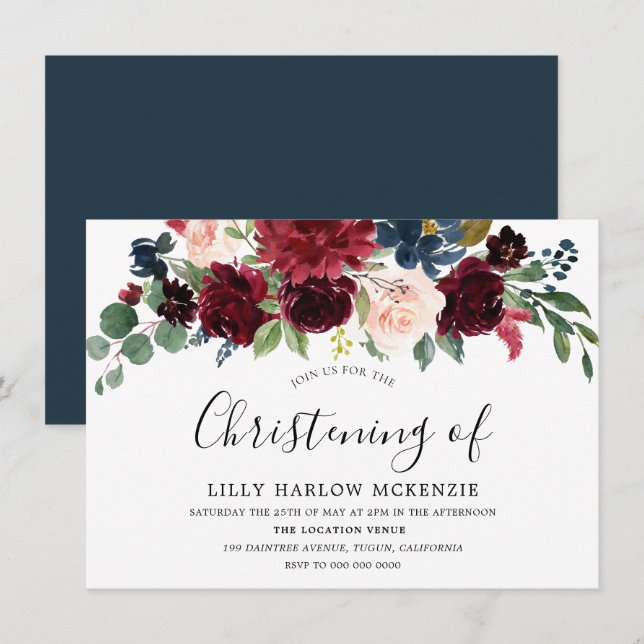 Burgundy Red Wine Moderne Christening Einladung (Vorne/Hinten)