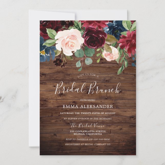 Burgundy Red Wine Rustic Wood Floral Brautparty Einladung (Vorderseite)