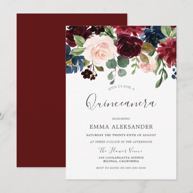 Burgundy Red Wine Schöne Quinceanera Einladung (Vorne/Hinten)