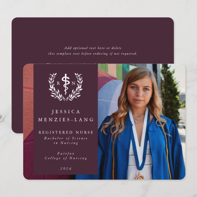 Burgundy Registered Nurse Asclepius Grad Foto Ankündigung (Vorne/Hinten)
