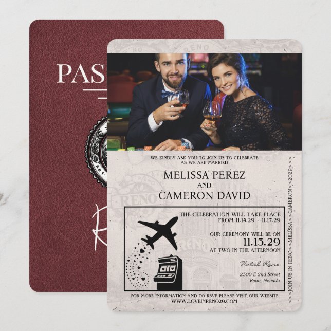 Burgundy Reno Passport Hochzeit Einladung (Vorne/Hinten)