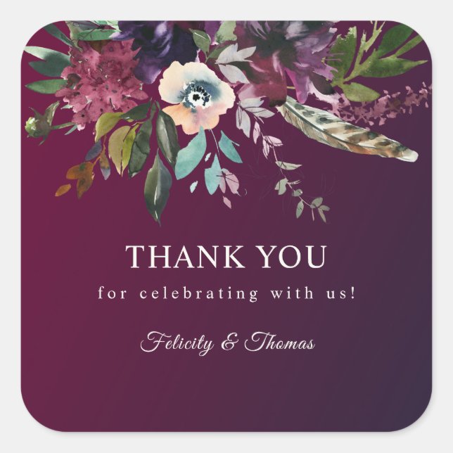 Burgundy Romance Watercolor Floral Vielen Dank Quadratischer Aufkleber (Vorderseite)