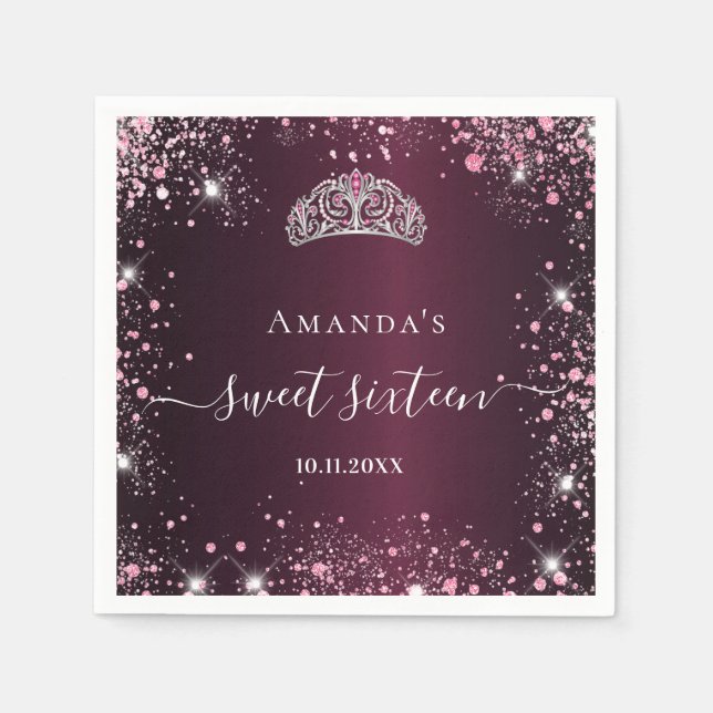 Burgundy rosa tiara Namensskript Sweet 16 Serviette (Vorderseite)