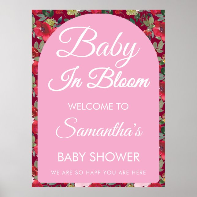 Burgundy Rose Baby in Bloom Baby Dusche Willkommen Poster (Vorne)