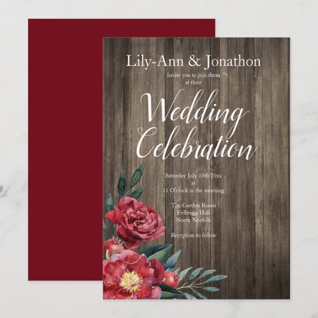 Burgundy Rose Barn Wood Rustic Wedding Einladung (Vorne/Hinten)