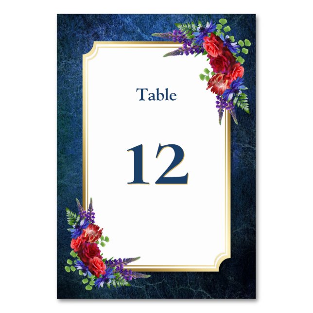 Burgundy Rose Bloral Gold Border Blue Wedding Tischnummer (Vorderseite)