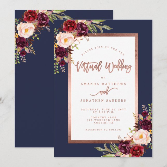 Burgundy Rose Bloral Navy Gold Virtual Wedding Einladung (Vorne/Hinten)