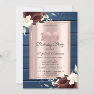 Burgundy Rose, Blue Wood Rose Gold 100. Geburtstag Einladung