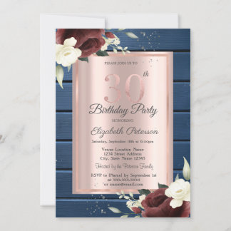 Burgundy Rose, Blue Wood Rose Gold 30. Geburtstag Einladung