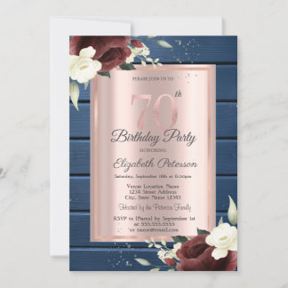 Burgundy Rose, Blue Wood Rose Gold 70. Geburtstag Einladung