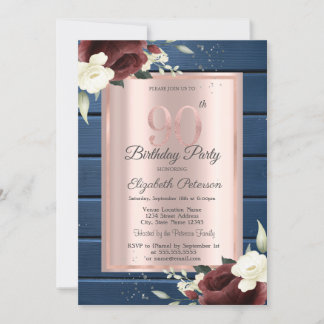 Burgundy Rose, Blue Wood Rose Gold 90. Geburtstag Einladung