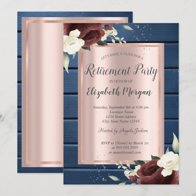 Burgundy-Rose, Blue Wood Rose Gold Rente Einladung (Vorne/Hinten)