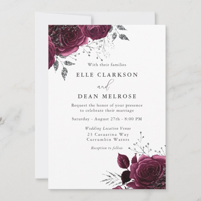 Burgundy Rose Elegante Silberhochzeit Einladung (Vorderseite)