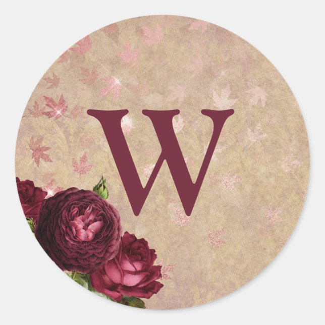 Burgundy-Rose Erste Monogramm-Stickers-Siegel Runder Aufkleber (Vorderseite)