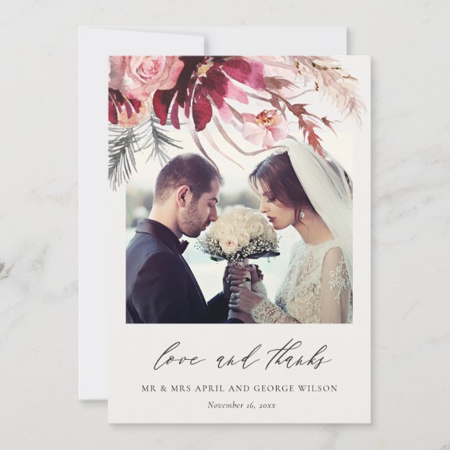 Burgundy Rose Floral Pampas Grass Foto Hochzeit Dankeskarte (Vorderseite)