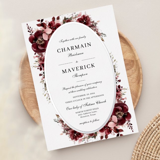 Burgundy Rose Floral Wedding Silver Folieneinladung (Von Creator hochgeladen)