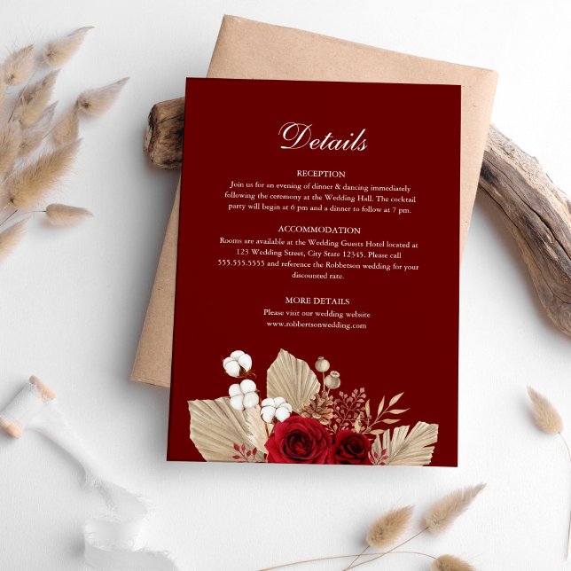 Burgundy Rose Garden Wedding Details Card Einladung (Burgundy Rose Garden Wedding Details Card on table surrounded with pampas grass.)