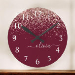 Burgundy Rose Gold Blush Pink Glitter Monogram Große Wanduhr<br><div class="desc">Burgundy and Rose Gold Blush Pink Sparkle Glitter Brushed Script Monogram Name Clock. This makes the perfect sweet 16 birthday,  wedding,  bridal shower,  anniversary,  baby shower or bachelorette party gift for someone that loves glam luxury and chic styles.</div>