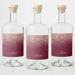 Burgundy Rose Gold Blush Pink Glitzer Monogram Alkoholflaschenetikett