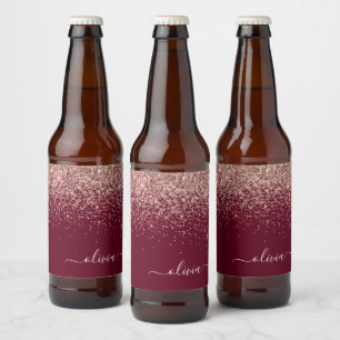 Burgundy Rose Gold Blush Pink Glitzer Monogram Bierflaschenetikett