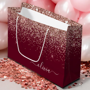 Burgundy Rose Gold Blush Pink Glitzer Monogram Große Geschenktüte