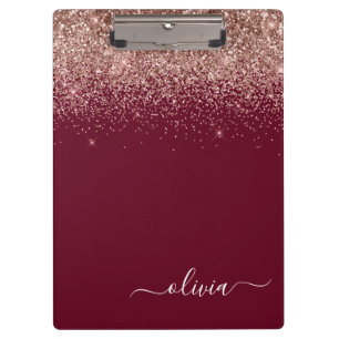 Burgundy Rose Gold Blush Pink Glitzer Monogram Klemmbrett