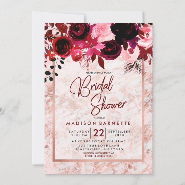 Burgundy Rose Gold Bridal Dusche Einladung (Vorderseite)