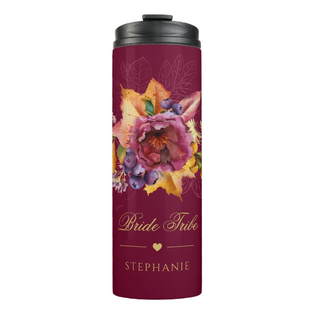 Burgundy Rose Gold Fall Bouquet Blumenbräuner Thermosbecher (Vorderseite)