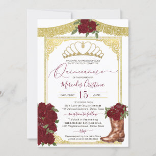 Burgundy Rose Gold Floral Boot Charro Quinceanera Einladung