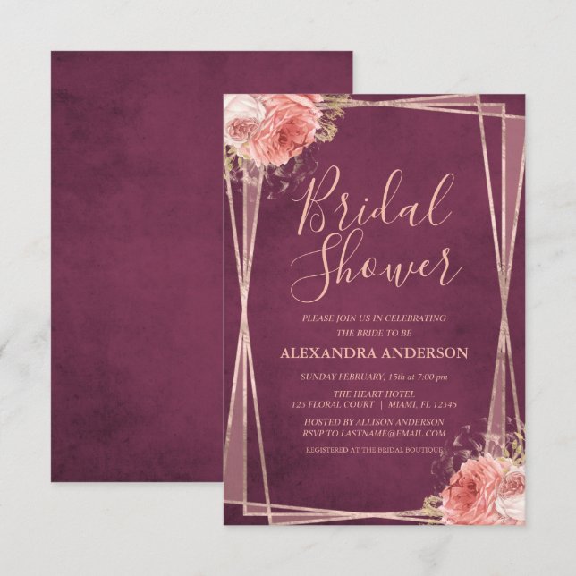 Burgundy Rose Gold Floral Brautparty Einladung (Vorne/Hinten)