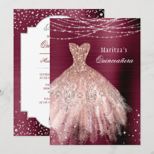 Burgundy Rose Gold Glam Diamond Quinceañera Einladung