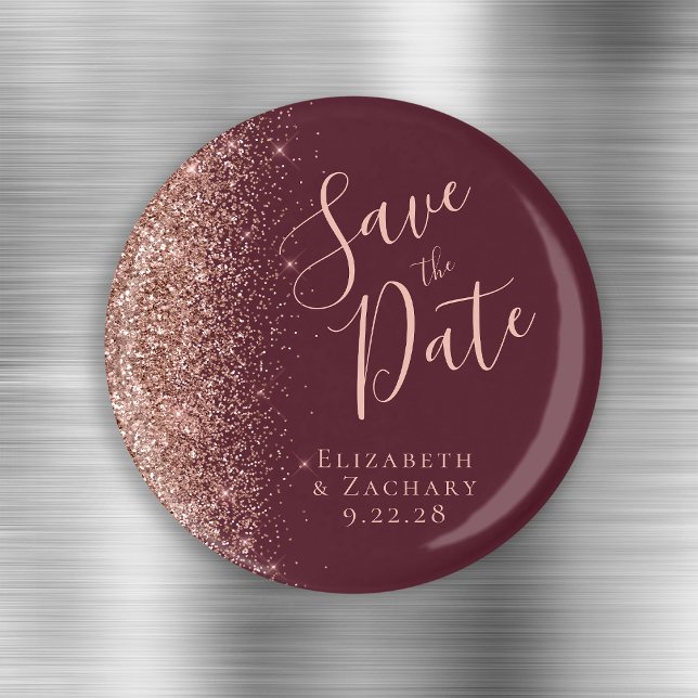 Burgundy Rose Gold Glitzer Skript Save the Date Magnet (Von Creator hochgeladen)