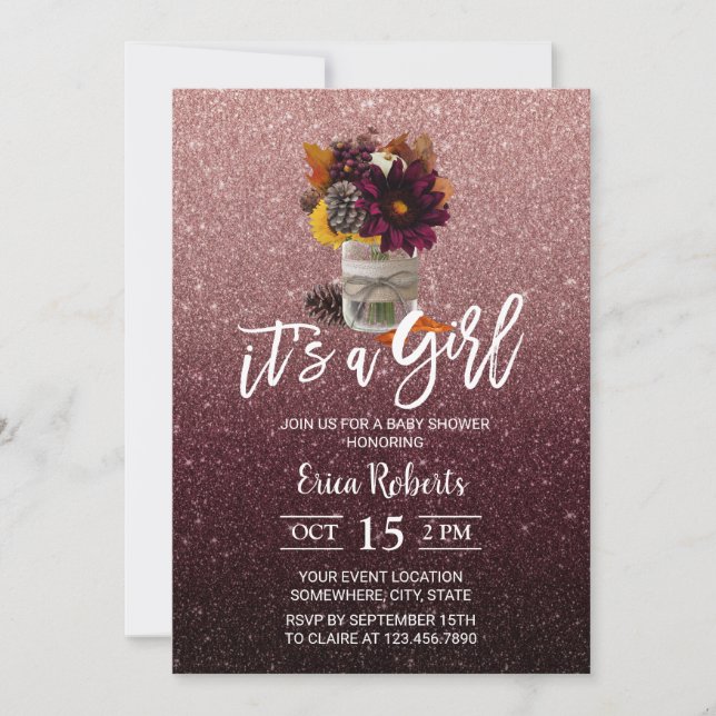 Burgundy & Rose Gold Herbstblütendusche Einladung (Vorderseite)