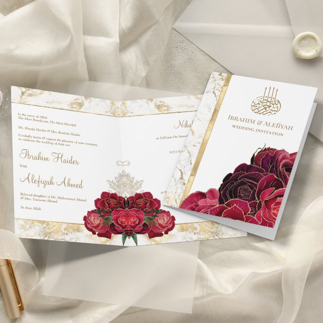 Burgundy Rose Gold Marmor Islamische Hochzeit Einladung (Von Creator hochgeladen)