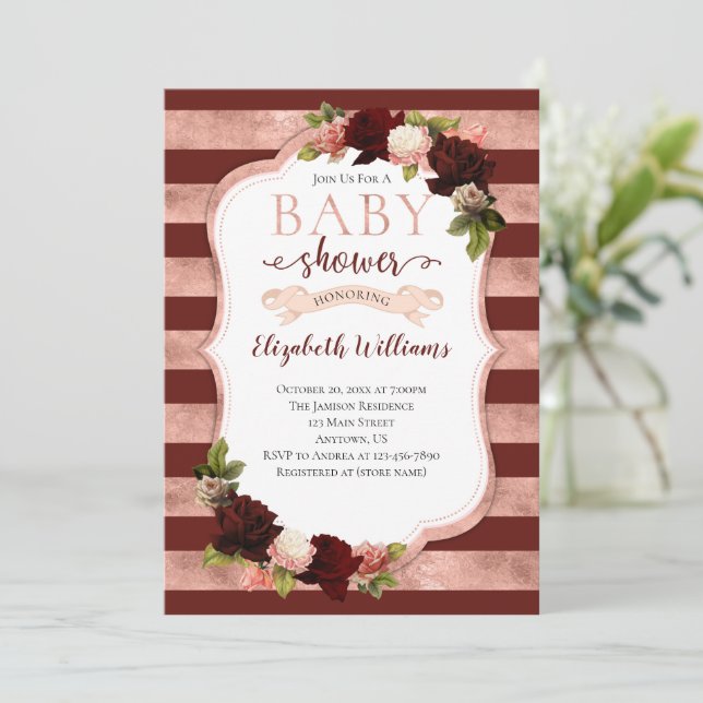 Burgundy Rose Gold Marsala Kinderdusche Einladung (Stehend Vorderseite)