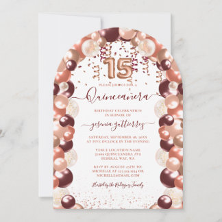 Burgundy Rose Gold Quinceañera Glitzer Ballon Einladung