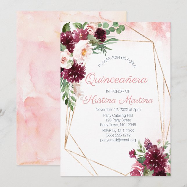 Burgundy Rose Gold Quinceñera Geburtstag Einladung (Vorne/Hinten)