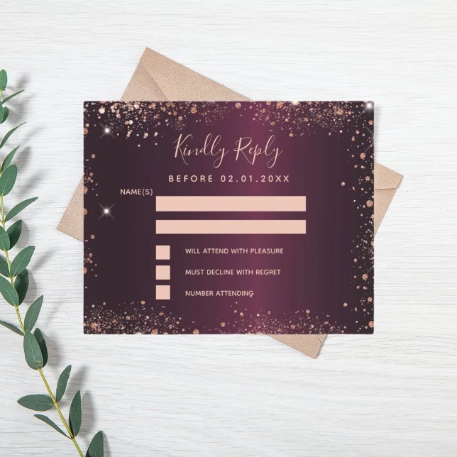Burgundy Rose Gold RSVP-Karte (Von Creator hochgeladen)