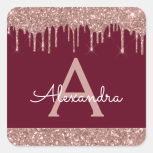 Burgundy Rose Gold Sparkle Glitzer Monogram Quadratischer Aufkleber