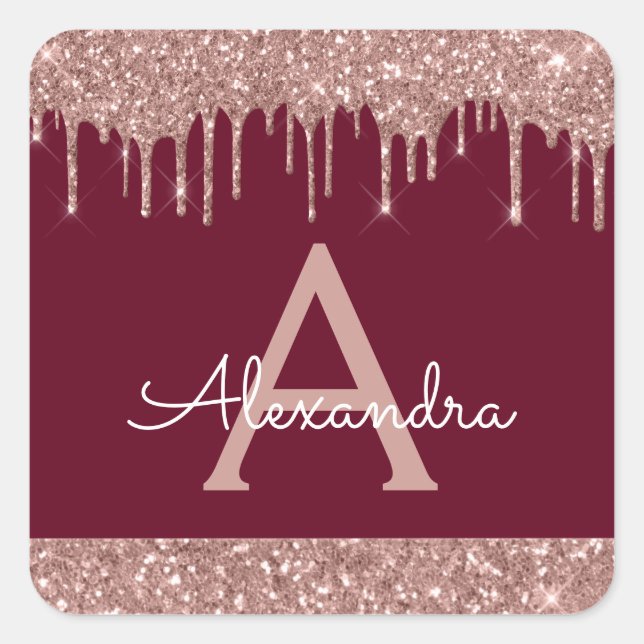 Burgundy Rose Gold Sparkle Glitzer Monogram Quadratischer Aufkleber (Vorderseite)