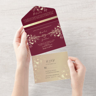 Burgundy Rose Gold Wedding All In One Einladung