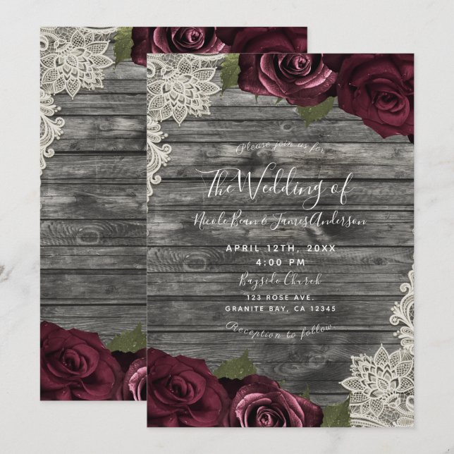 Burgundy Rose Gray Wood Cream Lace Wedding Einladung (Vorne/Hinten)
