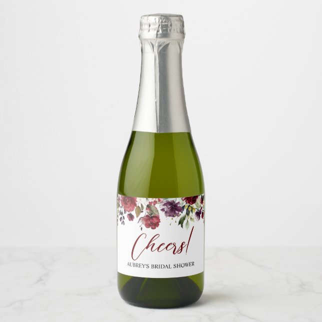 Burgundy Rose Mini Champagner Flasche Etikett (Vorderseite)